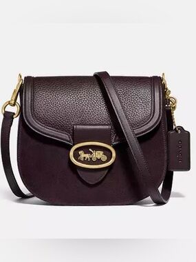 Coach Kat Saddle Bag horse and carriage motif logo suede pebbled leather oxblood